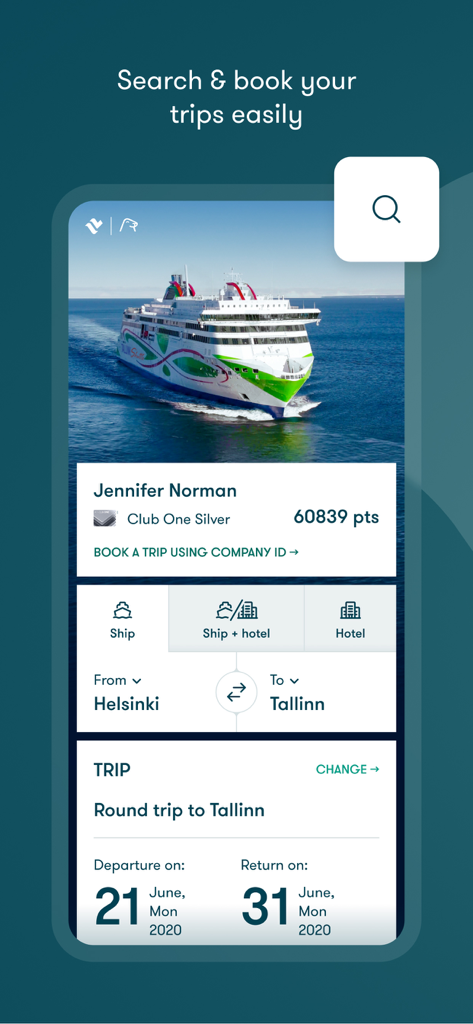 Tallink Silja Line mobile app booking screen showing a round trip from Helsinki to Tallinn with Club One loyalty points.