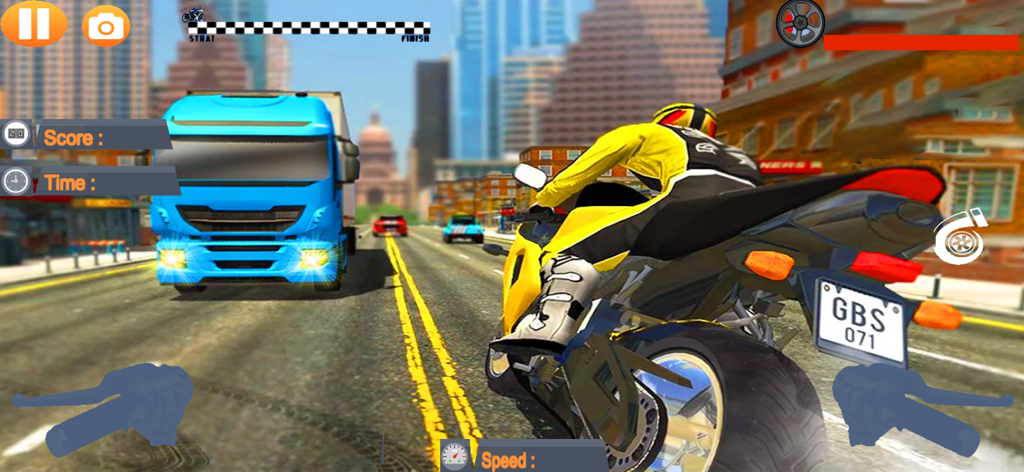 Moto Highway Traffic Racer - A yellow motorcycle racing past a blue truck on a city highway in a 3D arcade game