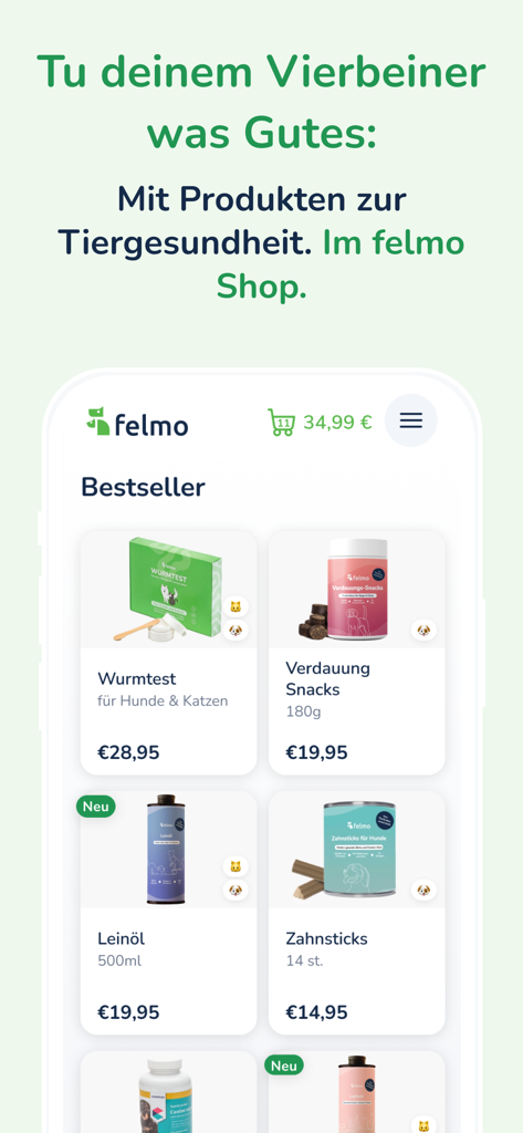felmo Mobiler Tierarzt - 犬猫用ペット健康製品やサプリメントを表示するfelmoアプリのショップ画面