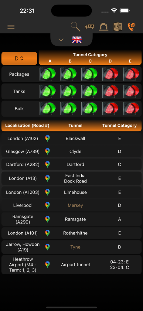 ADR Tool 2025 Dangerous Goods - Mobile app screen showing ADR tunnel restriction categories and a list of specific tunnels in the UK with their classifications