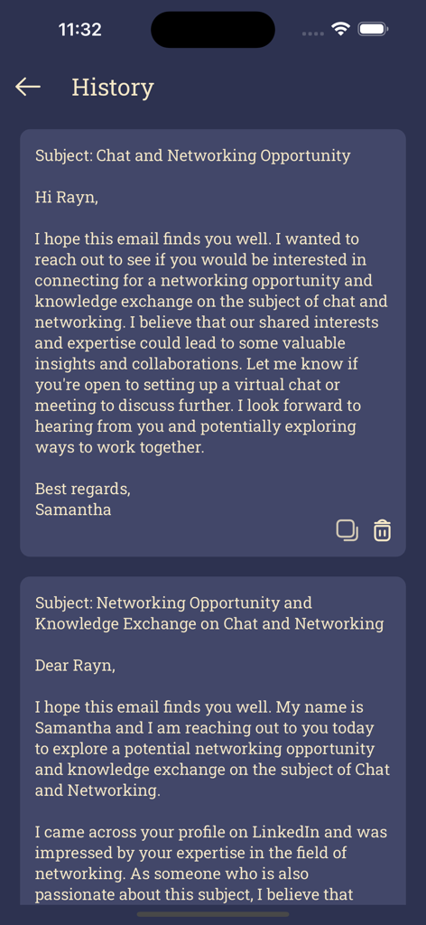 The history screen of the AI email generator app showing a list of professional networking email drafts