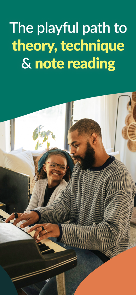 Skoove: Learn to Play Piano - A man and a young girl smiling while playing the piano together