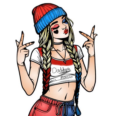 realistic teenage girl with braids and a beanie and crop top doing 🫶🏼