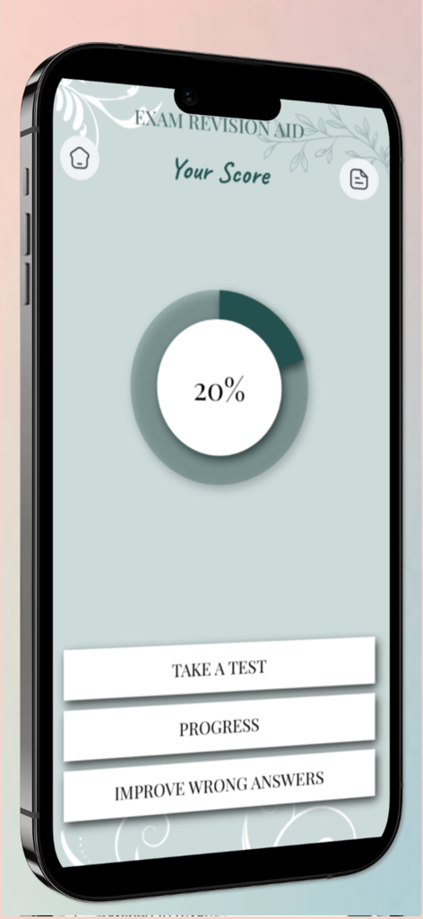 CGEIT Certification Prep - CGEIT-Prüfungsvorbereitungs-App, die eine Punktzahl von 20 Prozent zeigt, mit Schaltflächen zum Ablegen eines Tests und zur Verfolgung des Fortschritts