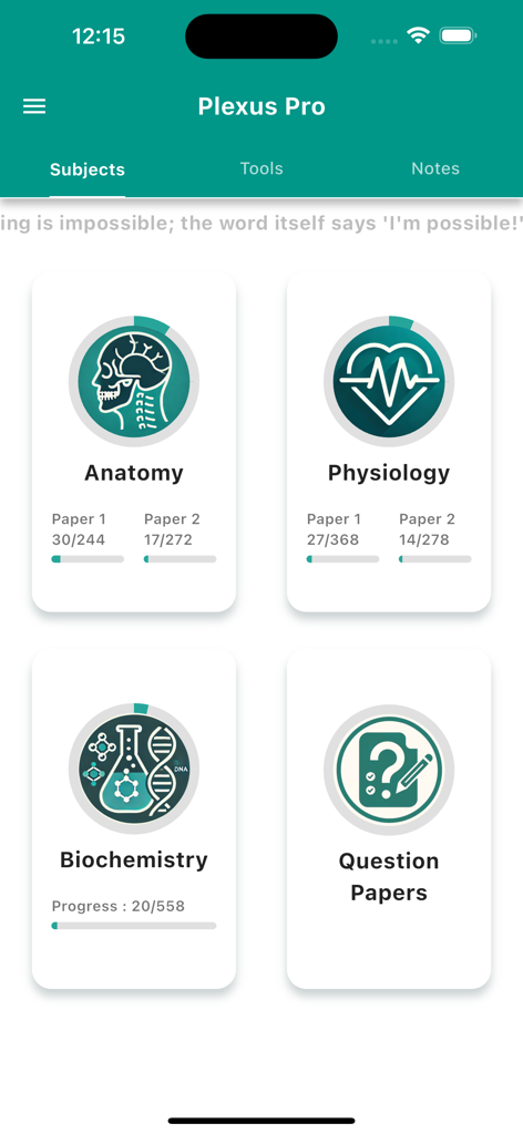 Plexus MBBS - Plexus MBBS app subjects screen showing Anatomy Physiology and Biochemistry modules with study progress bars