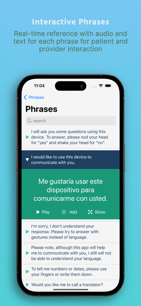 CanopySpeak Premium - CanopySpeak Premium app interface showing medical phrase translation from English to Spanish