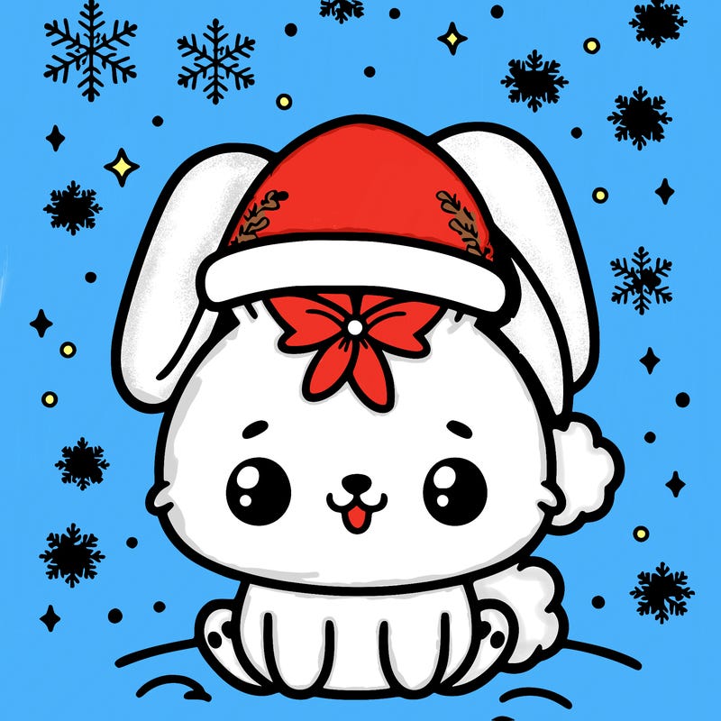 christmas cute white bunny with a christmas hat on and snow flakes in the backround