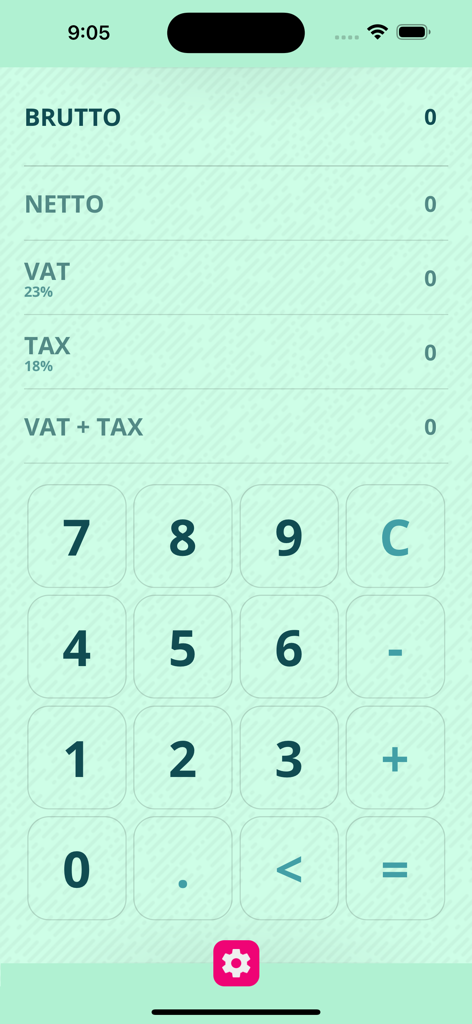 Main screen of the Brutto Netto calculator app with fields for gross net and VAT calculations