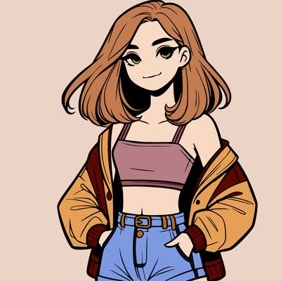 a realistic girl with a crop top and short shorts in an open jacket