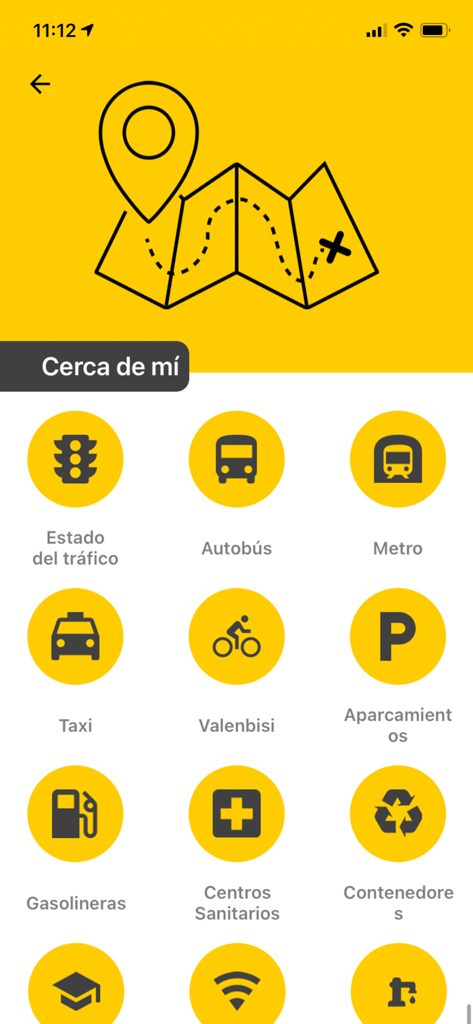 Interface do AppValencia mostrando serviços locais como transporte e estacionamento na seção Perto de Mim