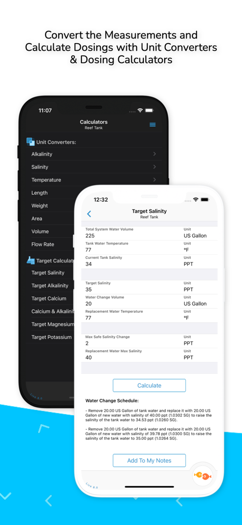 Aquarimate - Screen from Aquarimate app featuring dosing calculators and salinity settings for aquarium management