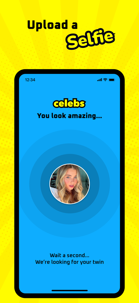 Celebs - Celebrity Look Alike - セレブアプリで有名人のそっくりさんのマッチを見つけるために処理中の女性の自撮り写真。