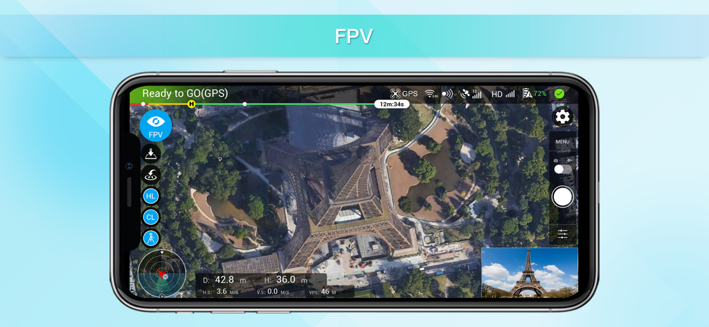Interface of the Rainbow for DJI Drones app in FPV mode showing an aerial view of the Eiffel Tower and flight telemetry