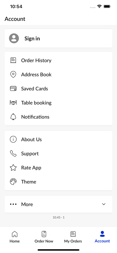 Flakes Diner - Tela de conta do aplicativo móvel Flakes Diner mostrando opções de perfil do usuário, como histórico de pedidos e lista de endereços