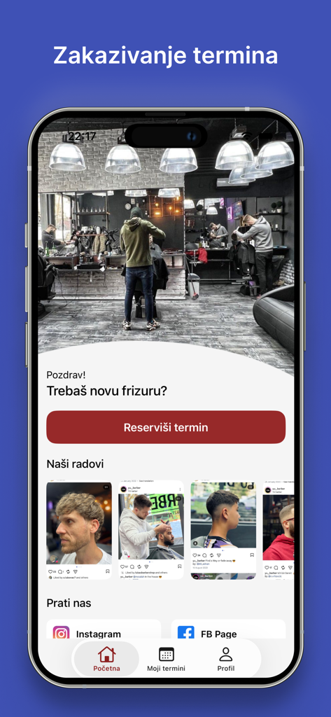 Casa Koba - Schermata principale dell'app del barbiere Casa Koba con pulsante di prenotazione e galleria di stili di taglio di capelli da uomo.