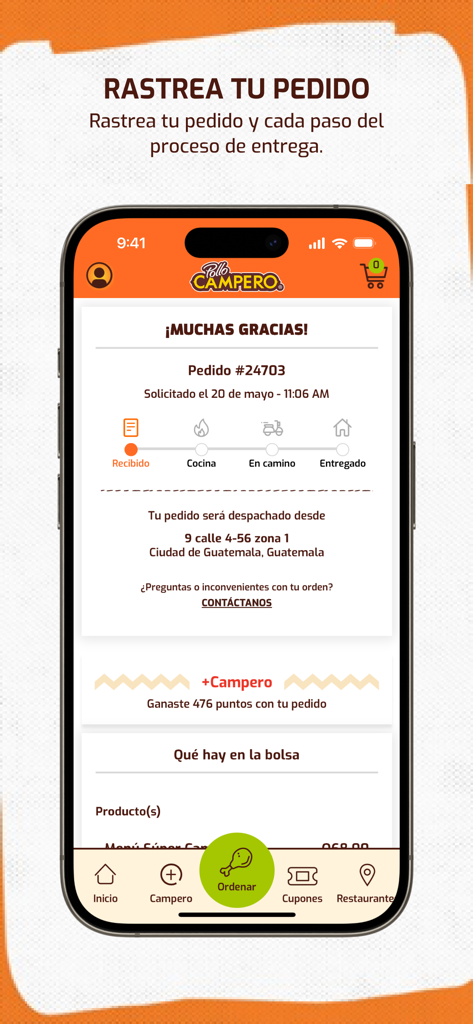 Pollo Campero Guatemala - Pollo Campero app order tracking screen showing delivery status progress from kitchen to doorstep