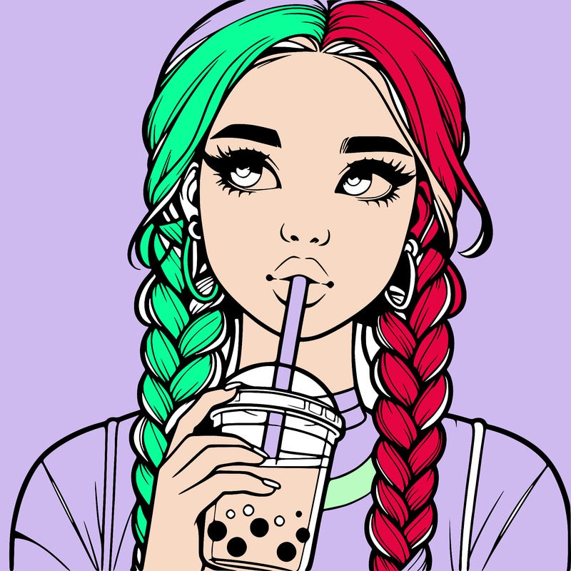 realistic girl with braided hair drinking boba