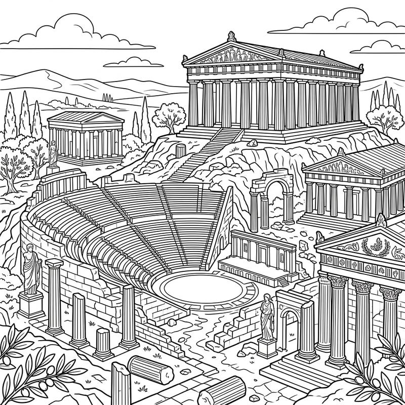 Journey back in time with this captivating coloring page featuring the majestic Greek ruins. Designed with seniors in mind, it offers clear outlines and intricate details for a truly engaging artistic experience.