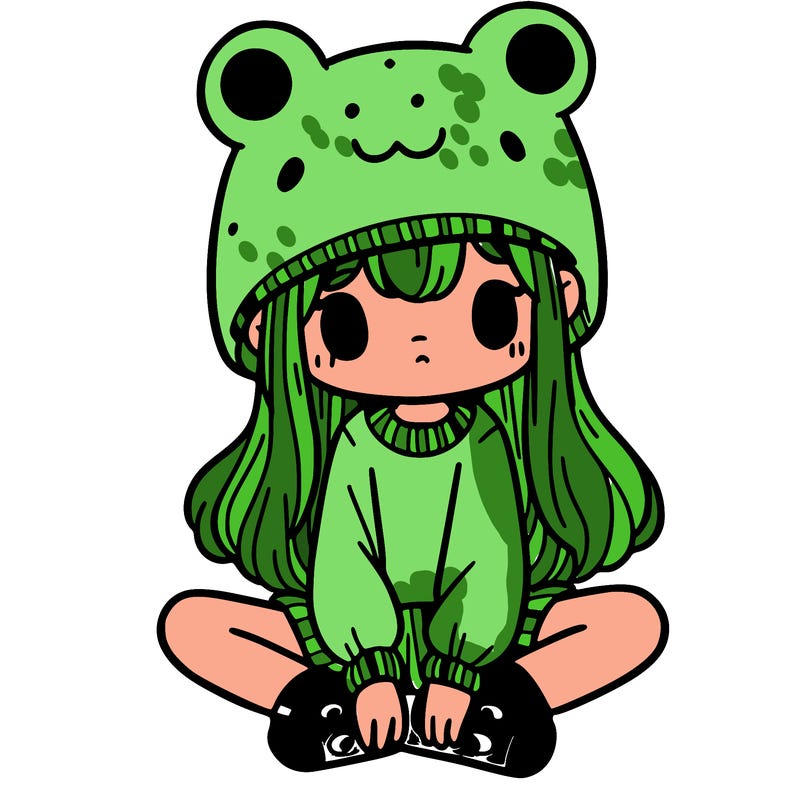 a girl wearing a frog hat and some frog socks