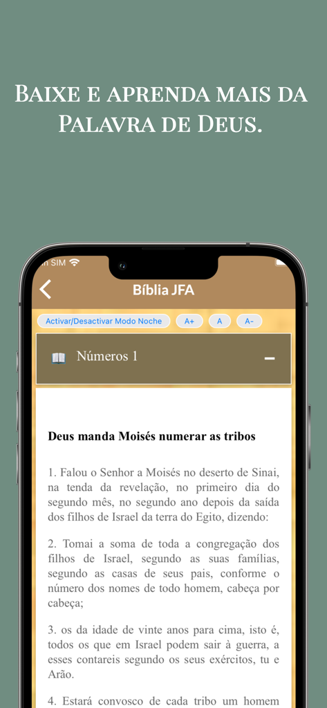 Interfaz de la app Estudo Biblico mostrando texto bíblico en portugués de la traducción JFA