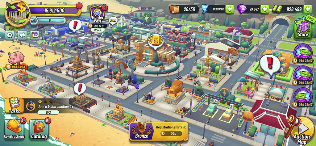 Bid Wars: Auction Master 3D - A 3D city overview in Bid Wars showing various business buildings and collectible item displays near a beach.