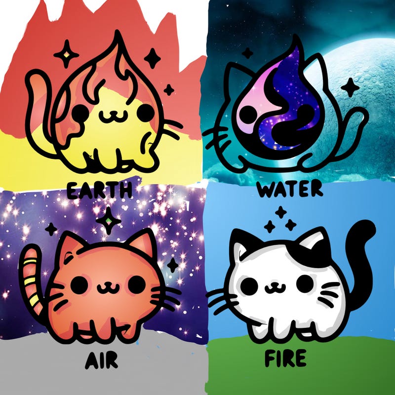 4 cats that represent the different elements, earth, water, air, and fire
