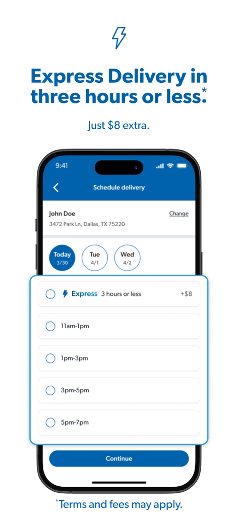 Sam's Club: Pickup & Delivery - Interfaz de la aplicación móvil de Sam's Club que muestra la programación de entrega exprés en tres horas o menos
