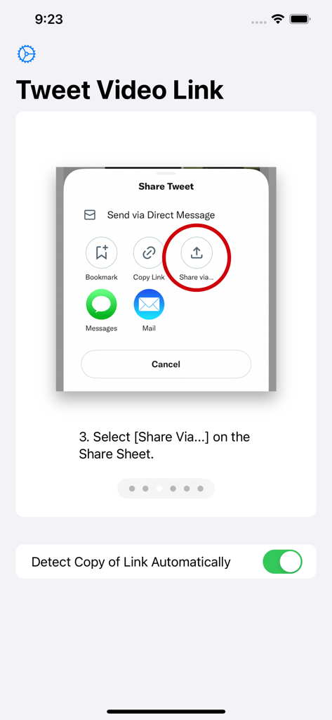 Captura de pantalla del tutorial de la app Enlaces de Video para Twitter que muestra cómo seleccionar Compartir Vía en la Hoja de Compartir de iOS para extraer enlaces multimedia.