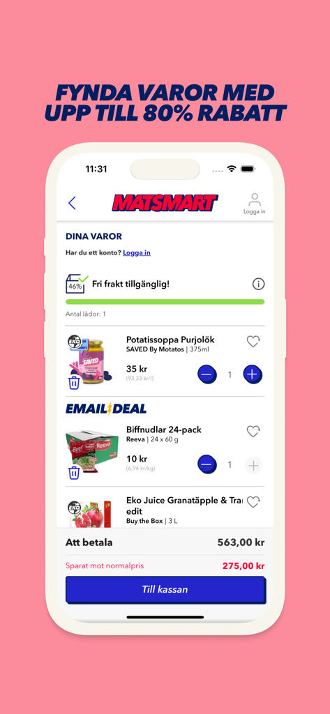 Matsmart - Carrinho de compras da aplicação Matsmart mostrando produtos de mercearia com desconto e poupanças