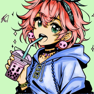 hot baddie anime girl drinking boba and biting the straw