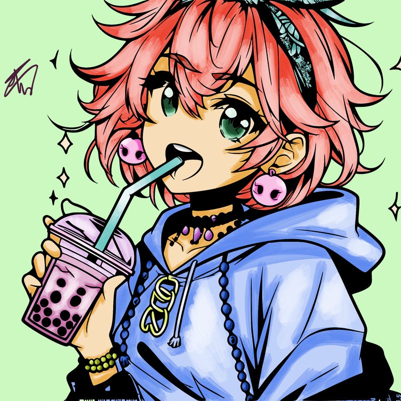 hot baddie anime girl drinking boba and biting the straw