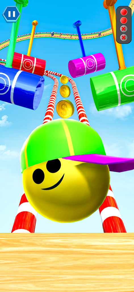 Hit Rolling Ball: Ball Game 3D - Yellow smiley ball rolling on a striped sky track past colorful mallets and golden coins