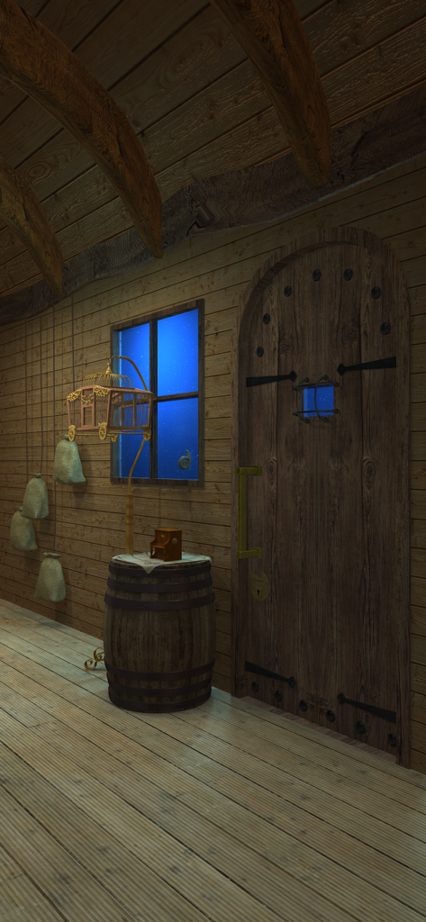 Room Escape Game-Pinocchio - Wooden interior with a barrel and arched door in Pinocchio room escape game