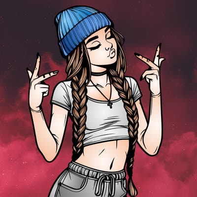 realistic teenage girl with braids and a beanie and crop top doing 🫶🏼