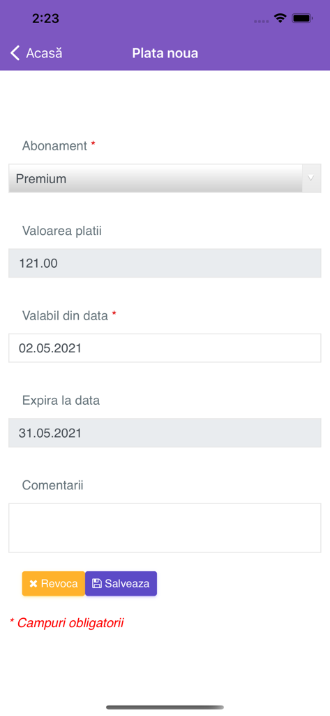 Interfaz para realizar un pago de membresía de gimnasio en la aplicación GMA mostrando el precio y las fechas de validez