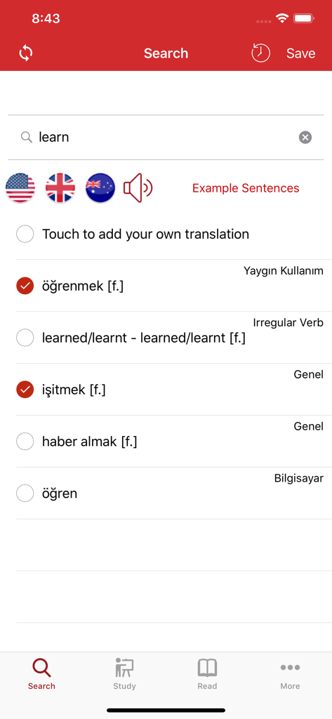 Tureng Vocabulary Notebook - The search interface of Tureng Vocabulary Notebook app displaying English to Turkish translations and irregular verb forms for the word learn.