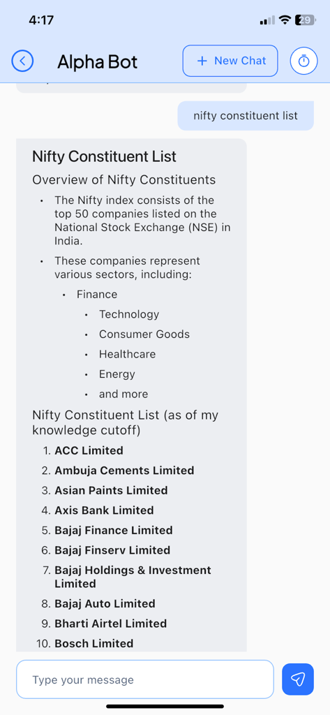 Alpha Tribe: Stock Market - Interface du chatbot Alpha Bot fournissant une liste des constituants du marché boursier du Nifty 50 en Inde