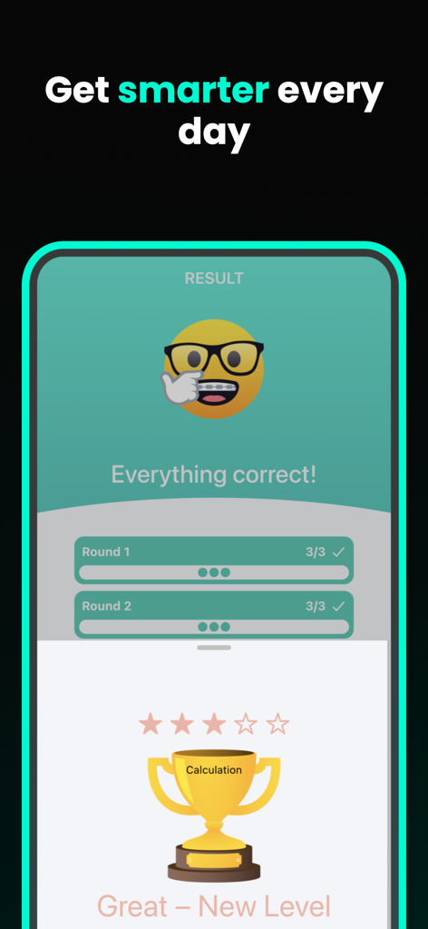LOGIC Duel: Math Games - Result screen from LOGIC Duel showing perfect scores and a gold trophy for mental calculation