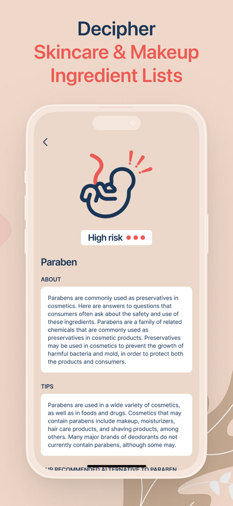 Mobile screen displaying a high risk alert for paraben ingredients in cosmetics