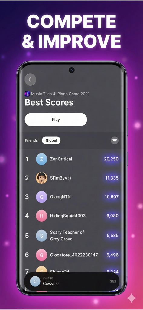 Music Tiles 4: Piano Tiles - Global leaderboard screen in Music Tiles 4 showing top player rankings and best scores