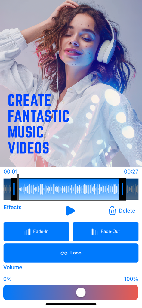 Video Saver & Player - Mobile app interface showing music video editing tools including audio waveform, fade-in, fade-out, and volume control features.