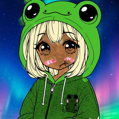cute realistic girl in a froggy hoodie