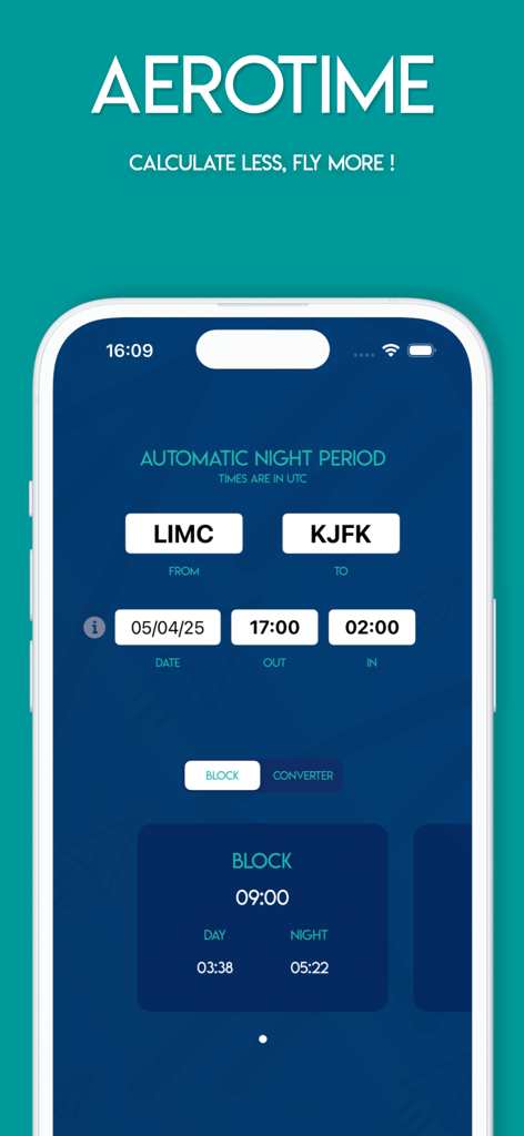 AeroTime Pro - Interfaz de la aplicación AeroTime Pro que muestra el cálculo automático del período nocturno y las horas de vuelo para pilotos