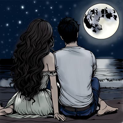 realistic couple on beach sat looking out to sea under the moon woman has long wavy hair man has short hair