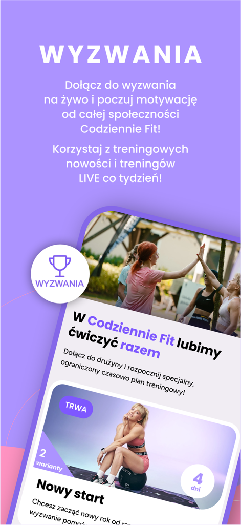Codziennie Fit app screen showcasing community fitness challenges and live workouts