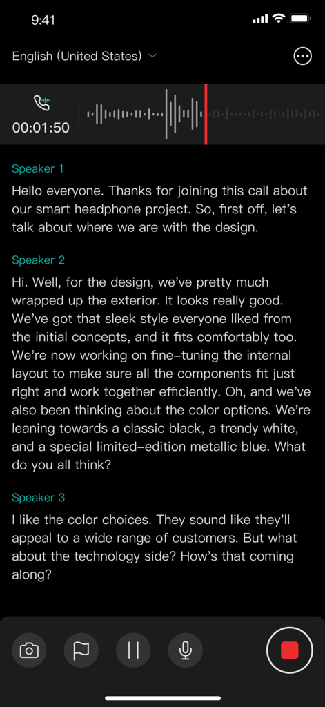 VTransBUDS - Interface of VTransBUDS app showing a real-time transcription of a meeting with three different speakers and an audio waveform.