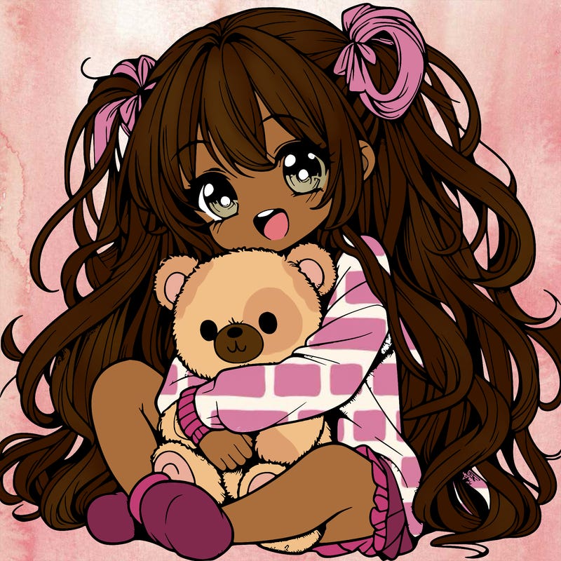 manga girl, long curly hair, happy, cuddling a teddy bear