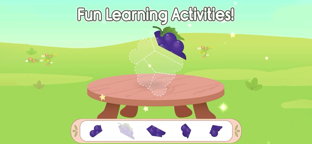ABC Tracing Game - A children's educational mini game showing a grape puzzle on a wooden table in a park setting