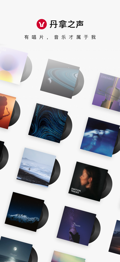A visual display of multiple vinyl record covers arranged in a grid within the Dynaudio Sound app