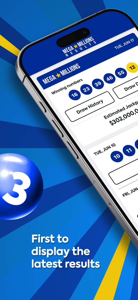 Mega Millions Lottery - Screenshot of the Mega Millions Lottery app showing the latest winning numbers and estimated jackpot on a mobile device.